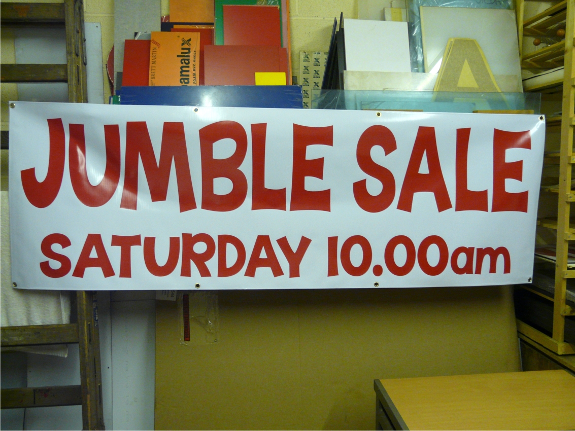 Jumble sale pvc banner red on white