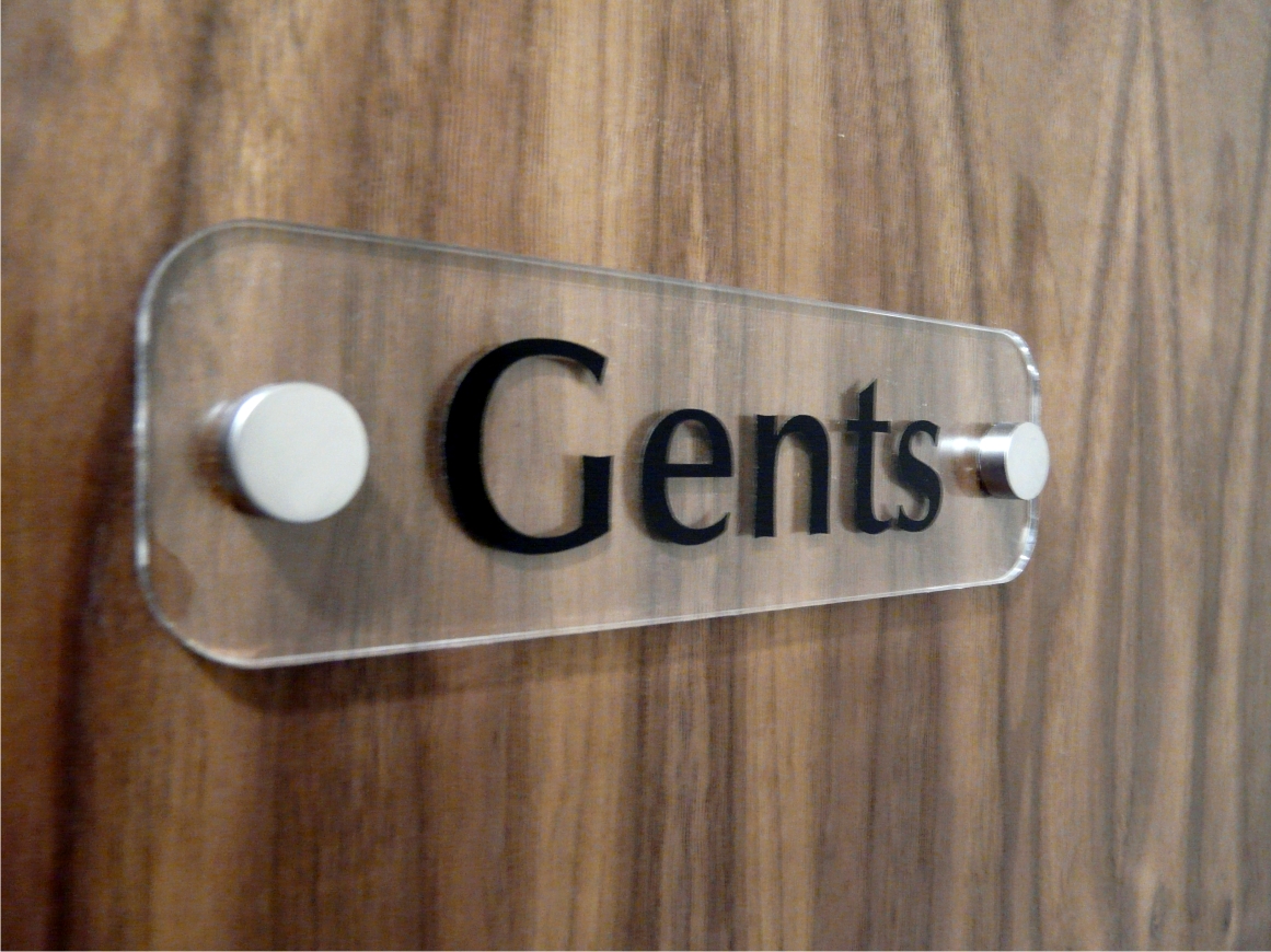 Clear perspex sign with satin chrome screw caps